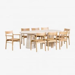 Ovale Tafelset 220x95 Cm In Cement Look Travertin Noemi En 8 Eetkamerstoelen In Eikenhout Mara Signature Travertine - Sklum
