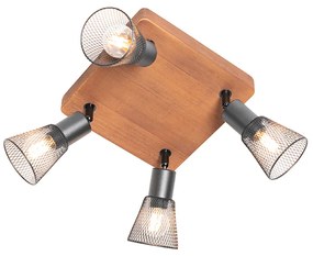 Industriële spot zwart met hout 4-lichts - Kristina