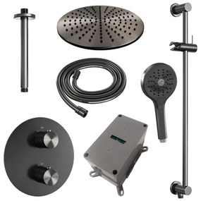 Brauer Gunmetal Carving thermostatische inbouw regendouche met 3 standen handdouche, plafondarm, glijstang en hoofddouche 30cm set 96 gunmetal geborsteld PVD