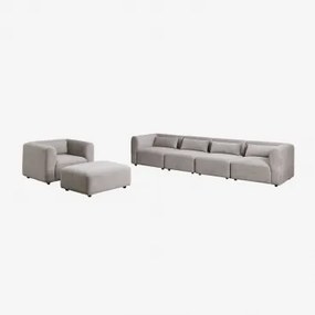 Woonkamerset Met 4-delige Modulaire Bank, Fauteuil En Poef Fogler Corduroy Licht Taupegrijs - Sklum
