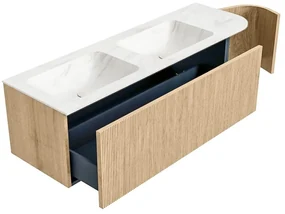 Mondiaz Kurve-dlux 145cm badmeubel ronding rechts oak met 1 lade en deur en wastafel leaf dubbel/links zonder kraangat ostra