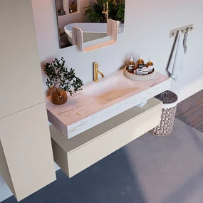 Mondiaz Alan DLux badmeubel 120cm linen 1 lade met wastafel ostra midden 1 kraangat
