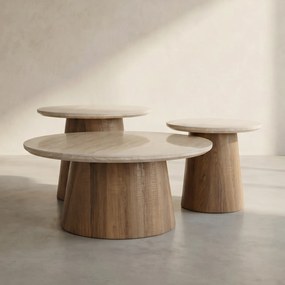 Ronde Salontafelset Hout En Travertin