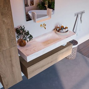 Mondiaz Alan DLux badmeubel 130cm washed oak 1 lade met wastafel ostra midden zonder kraangat