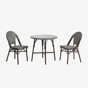 Ronde Tafelset Ø80 Cm En 2 Stapelbare Eetkamerstoelen Van Aluminium En Synthetisch Riet Brielle Bistro Grijs – Grafiet - Gardenia Wit - Sklum