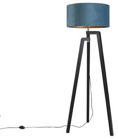 Vloerlamp tripod zwart met blauwe kap en goud 50 cm - Puros Landelijk / Rustiek E27 cilinder / rond Binnenverlichting Lamp