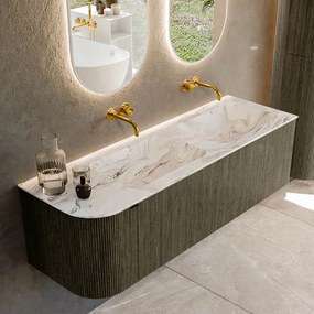 Mondiaz Kurve-dlux 145cm badmeubel ronding links shadow met 1 lade en deur en wastafel leaf dubbel/rechts zonder kraangat glace