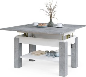 BRAVO beton / wit – uitschuifbare en in hoogte verstelbare salontafel, tafel met plank