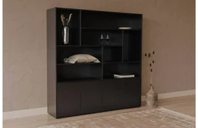 Goossens Basic Buffetkast Madrid, 4 dichte deuren 8 open vakken, zwart melamine, 184 x 191 x 45 cm, elegant chic