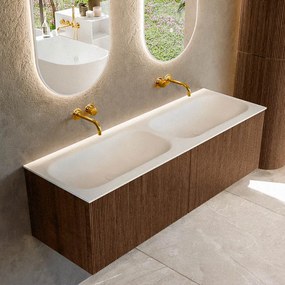 Mondiaz Kurve 140cm badmeubel walnut met 2 lades en wastafel big small dubbel zonder kraangat