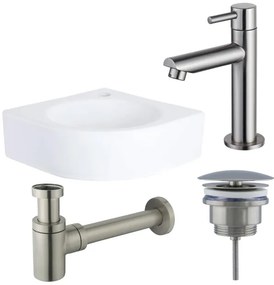 QeramiQ Fuente fonteinset - 30x30x10cm - 1 kraangat - hoek - keramiek - fonteinkraan RVS geborsteld - glans wit SW696237/SW696207/SW696217/SW679885