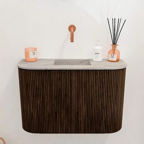 Mondiaz Joya DLux 65cm toiletmeubel ronding links/rechts walnut met wastafel faye midden zonder kraangat glace