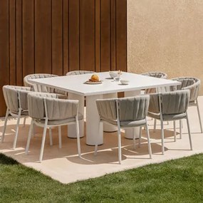Set Van Vierkante Tafel 150x150 Cm In Cement Lissabon En 8 Tuinstoelen In Aluminium En Stof Roderise Stof Zandbruin - Sklum