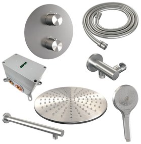 Brauer Brushed Carving thermostatische inbouw regendouche met 3 standen handdouche, rechte muurarm en hoofddouche 30cm set 80 RVS geborsteld PVD