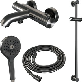 Brauer Stripe thermostatische badkraan met glijstang en 3 standen handdouche gunmetal geborsteld PVD