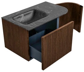Mondiaz Kurve-dlux 75cm badmeubel ronding rechts walnut met 1 lade en deur en wastafel grunne links zonder kraangat lava
