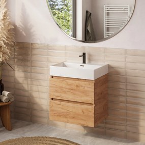 Plieger Kansas badmeubel 60cm met glans witte wastafel en kraangat warm eiken