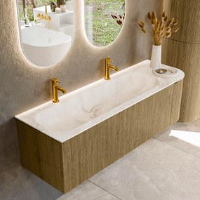 Mondiaz Kurve-dlux 145cm badmeubel ronding rechts dusk met 1 lade en deur en wastafel big large links 2 kraangaten frappe