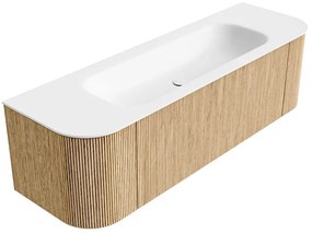 Mondiaz Kurve 150cm badmeubel ronding links/rechts oak met 1 lade en 2 deuren en wastafel big medium midden 1 kraangat