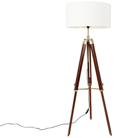 Vintage vloerlamp messing met kap wit 50 cm tripod - Cortin Industriele / Industrie / Industrial, Landelijk E27 rond Binnenverlichting Lamp