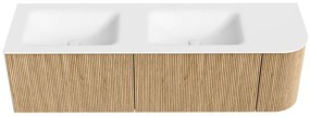 Mondiaz Kurve 155cm badmeubel ronding rechts oak met 2 lades en 1 deur en wastafel cloud dubbel/links zonder kraangat