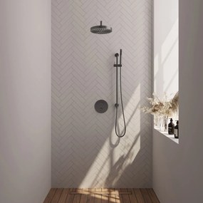 Brauer Stripe inbouw regendouche rond met 25cm hoofddouche, rond met gebogen muurarm, glijstang en staafhanddouche set 44 gunmetal geborsteld PVD