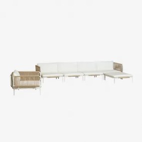 Tuinset Met 4-delige Modulaire Hoekbank Met Poef En Stoel Van Roubly Staal Beige Amandelroos - Sklum