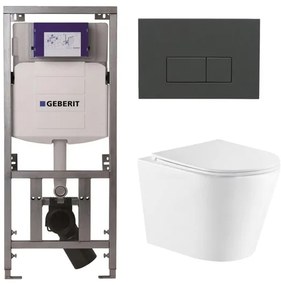 QeramiQ Dely Toiletset - 36.3x51.7cm - diepspoel - rimless - Geberit UP320 Burda inbouwreservoir - softclose toiletzitting - bedieningsplaat antraciet mat - rechthoekige knoppen - wit mat SW543432/0701131/SW1102377