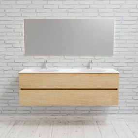 Zaro Sevilla Solid Surface badmeubel 150cm licht eiken 2 kraangaten dubbele spoelbak met 2 lades