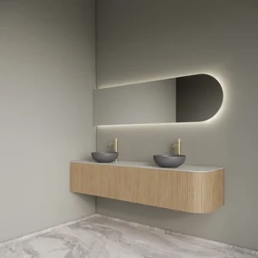 Gliss Design Alluro badmeubel ribbelfront met ronding rechts 180cm mist en wit marmer toppaneel