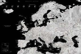 Kaart Black and grey detailed map of Europe in watercolor, Blursbyai
