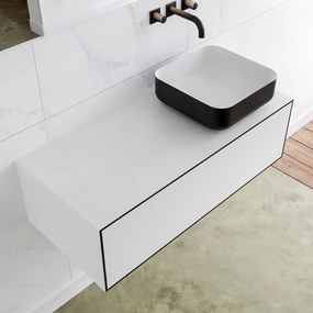 Zaro Lagom volledig naadloos solid surface onderkast met topblad 100cm mat zwart met 1 lades Push tot open. Compleet met solid surface opzetkom met 0 kraangat(en)