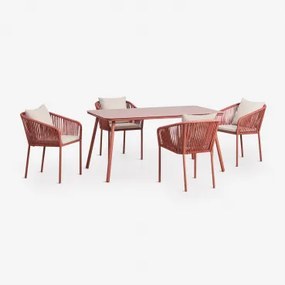 Rechthoekige Eettafelset 160x90 Cm Met 4 Eetkamerstoelen Van Gevlochten Touw Arhiza Classic Terracota - Sklum