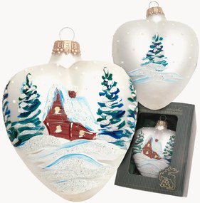 Handbeschilderde kerstornament Hart met besneeuwd huis
