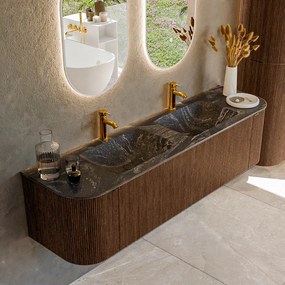 Mondiaz Kurve-dlux 170cm badmeubel ronding links/rechts walnut met 1 lade en 2 deuren en wastafel leaf dubbel 2 kraangaten lava