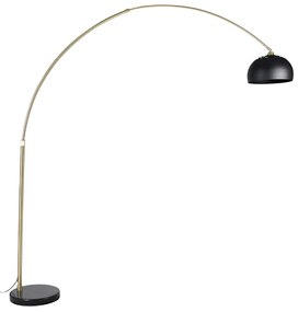 Moderne booglamp messing met marmeren voet en zwarte kap 32,5 cm - XXL