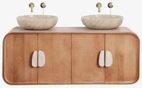 Dubbel Zwevend Badkamermeubelset 130x45 Cm Van Mangohout En Natuurlijke Kivalina-steen Travertijn - Mangohout & 2 X Ronde Travertijn Ø40 Cm Eskel -