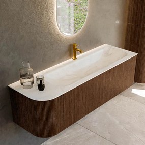 Mondiaz Kurve-dlux 145cm badmeubel ronding links walnut met 1 lade en deur en wastafel big large kraangat rechts ostra
