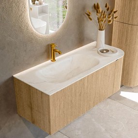 Mondiaz Kurve-dlux 115cm badmeubel ronding rechts oak met 1 lade en deur en wastafel big small kraangat links ostra