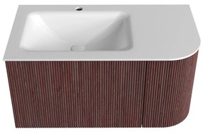 Mondiaz Kurve 85cm badmeubel ronding rechts ruby met 1 lade en deur en wastafel cloud kraangat links