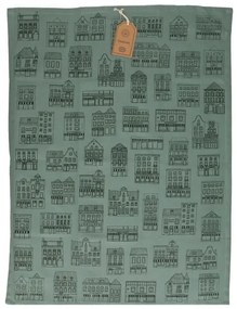 Theedoek, bio-katoen, groengrijs met zwarte geveltjes, 50 x 70 cm