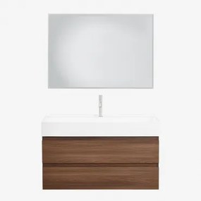 Badkamermeubelset Van Hout En Essenhoutfineer Met Geïntegreerde Wastafel Ona Donker Hout & Rechthoekige Led En Anticondens 100x70 Cm Tamsin - Sklum
