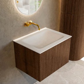 Mondiaz Kurve 60cm badmeubel walnut met 1 lade en wastafel cloud midden zonder kraangat