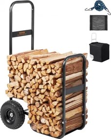 VEVOR Haardhoutkar 67x52x110cm Haardhoutkar Gepoedercoat stalen haardhoutkar met 266,7 mm rubberen wielen Houtkar Max. 113,4 kg Transportkar Inclusief bungee-koord Grondnet 600D Oxford-doek