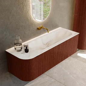 Mondiaz Kurve-dlux 135cm badmeubel ronding links ruby met 1 lade en deur en wastafel big medium rechts zonder kraangat frappe