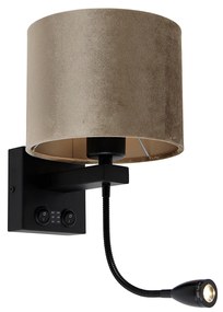 Wandlamp zwart met velours kap taupe 18cm - Brescia Combi