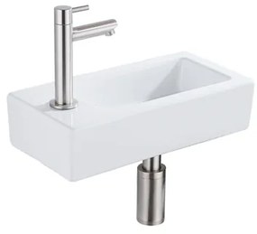 QeramiQ Fuente Fonteinset - 37.5x18.5x9cm - keramiek - kraangat links - fonteinkraan geborsteld RVS - afvoerplug - verlaagd sifon - Glans wit SW1122449/SW696207/SW696217/SW696237
