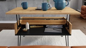 HAIRPIN S-90 EiK Artisan/Zwart Mat - MODERNE KOFFIETAFEL MET OPKLAPBARE TAFEL + OPBERGVAK + PLANK