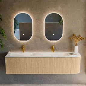 Mondiaz Kurve-dlux 175cm badmeubel ronding rechts oak met 2 lades en 1 deur en wastafel stor small dubbel/links 2 kraangaten ostra