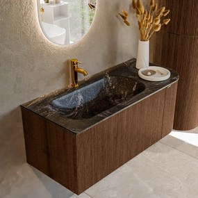Mondiaz Kurve-dlux 105cm badmeubel ronding rechts walnut met 1 lade en deur en wastafel big small kraangat links lava